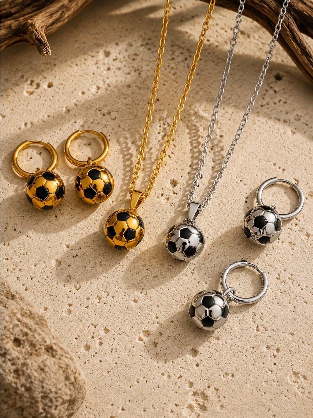 Gold and Black Soccer Ball Pendant Necklace with Matching Hoops - Picture 11 of 11